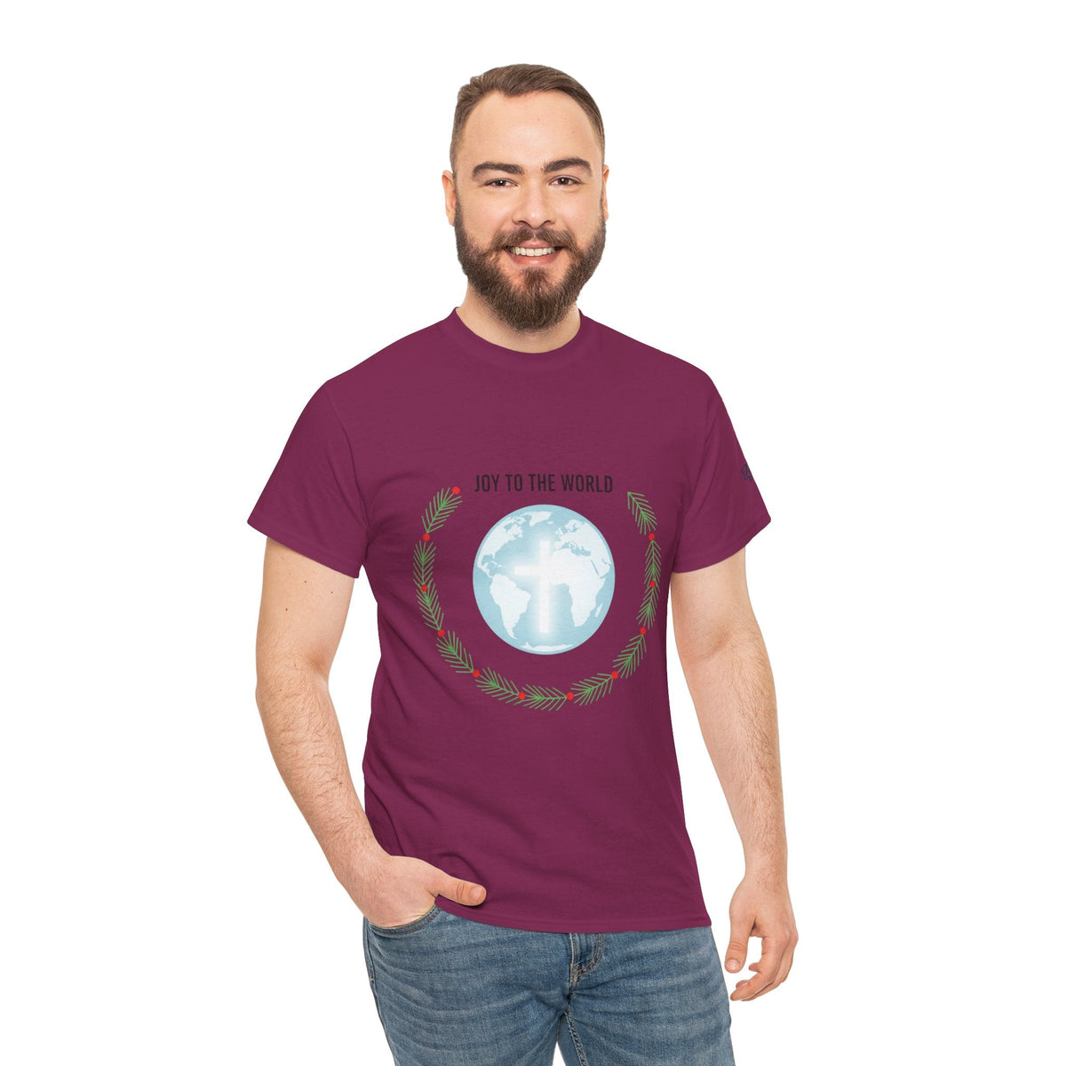 Joy to the World T-shirt – Wreath Earth Nativity Christian Christmas T-shirt for Isaiah 9:6 Holiday Faith & Festive Joy Printify