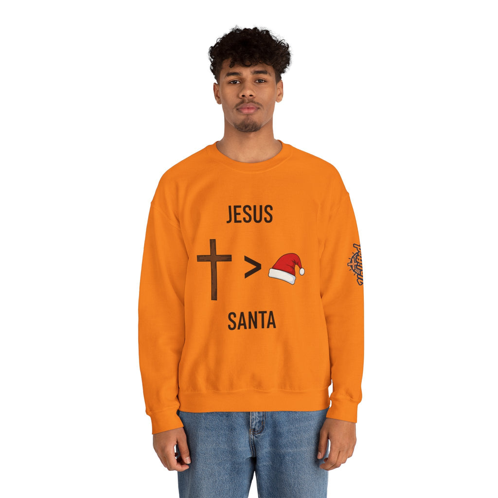 🎄 Jesus > Santa – Minimalist Christian Christmas Sweatshirt | Bold Faith Over Holiday Tee | Cross vs Santa Hat Design | Uplifted Gear Printify