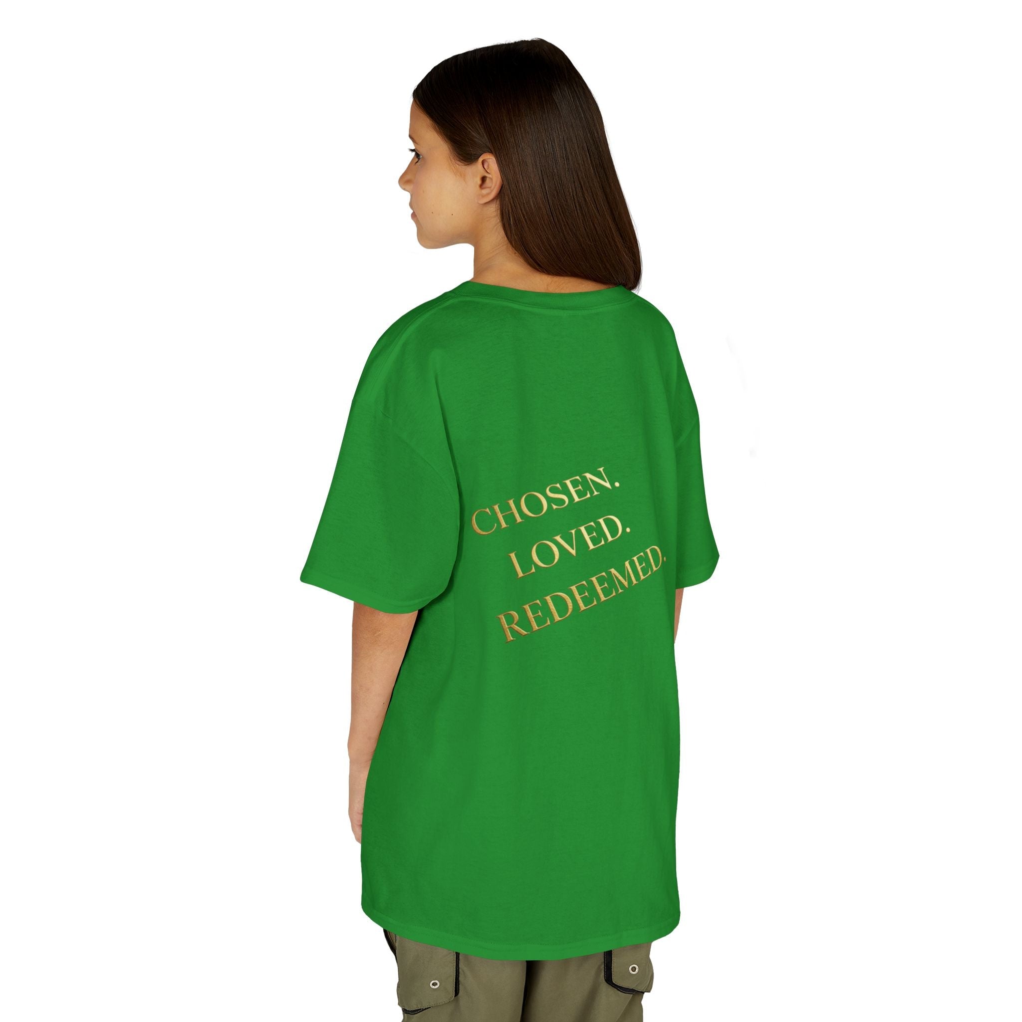 ✨ Chosen. Loved. Redeemed. – Elegant Christian Kids T-Shirt | Gold Foil Faith Tee | Subtle Cross & Heart Design | Inspirational Bible Verse Apparel by Uplifted Gear Printify
