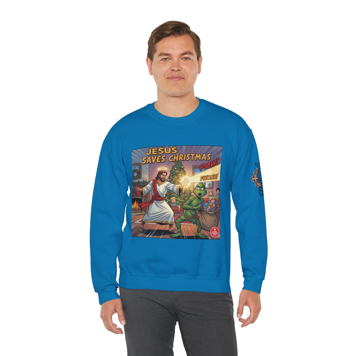 Jesus Saves Christmas Sweatshirt – Grinch vs Savior Light Battle Christian Sweatshirt for Hilarious Holiday Faith & True Joy Printify