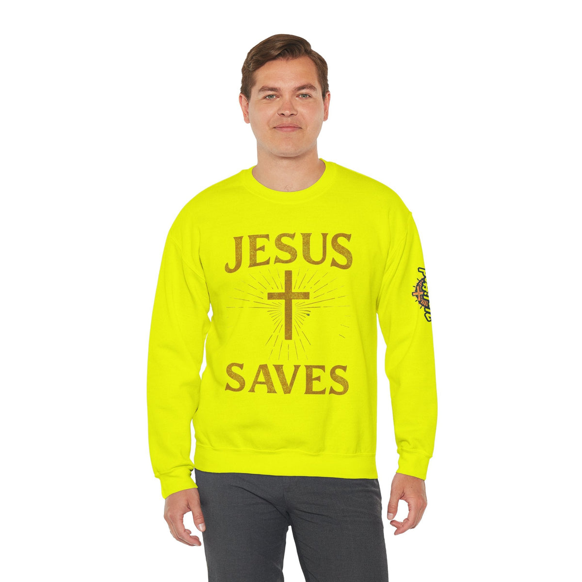 Jesus Saves Sweatshirt – Radiant Cross & Rays of Light Christian Sweatshirt for Eternal Hope & Faith Printify