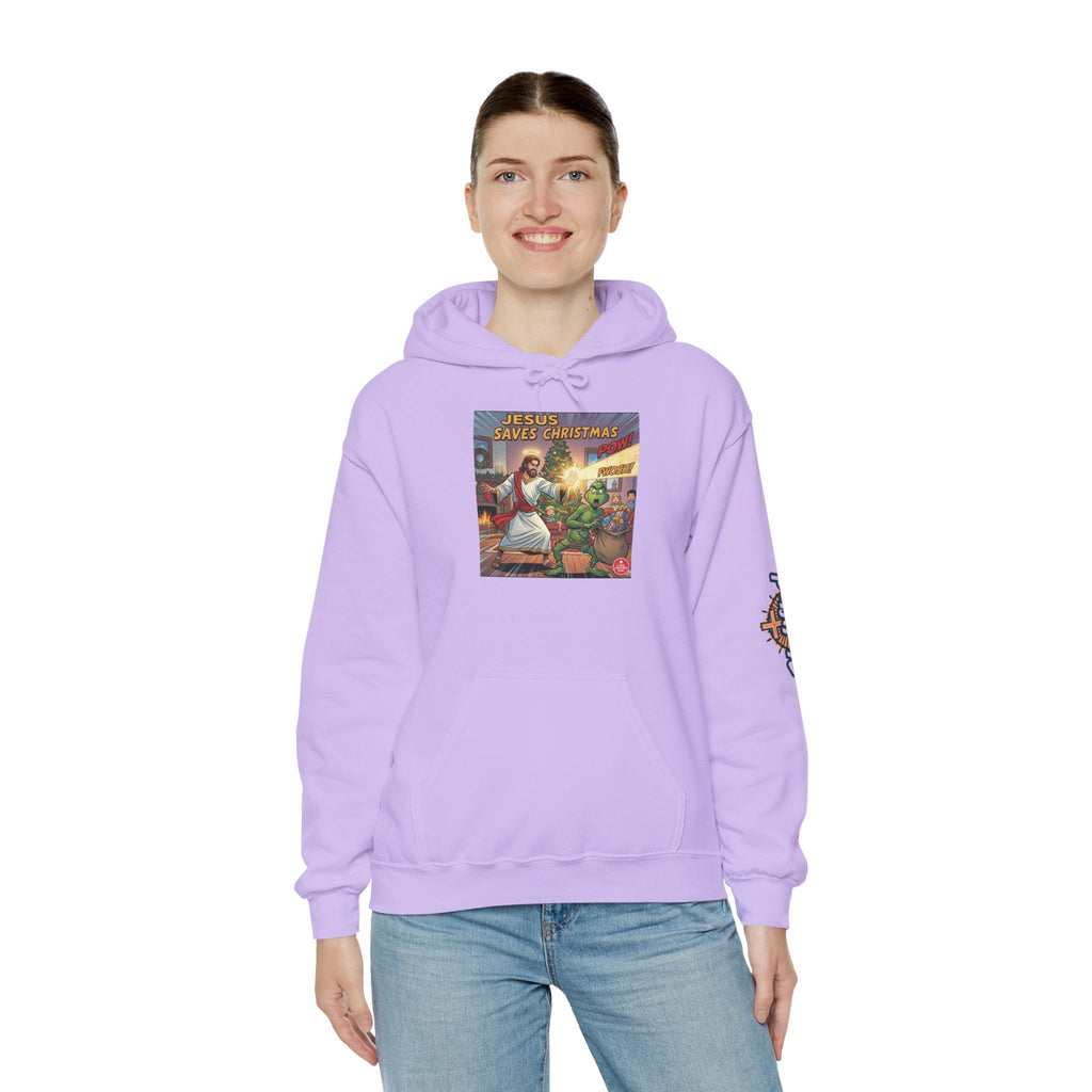 Jesus Saves Christmas Hoodie – Grinch vs Savior Light Battle Christian Sweatshirt for Hilarious Holiday Faith & True Joy Printify