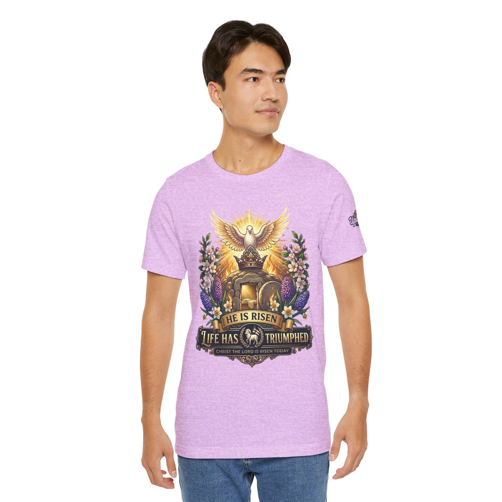 He Is Risen "Life Has Triumphed" T-Shirt — Easter Resurrection Christian Tee Printify