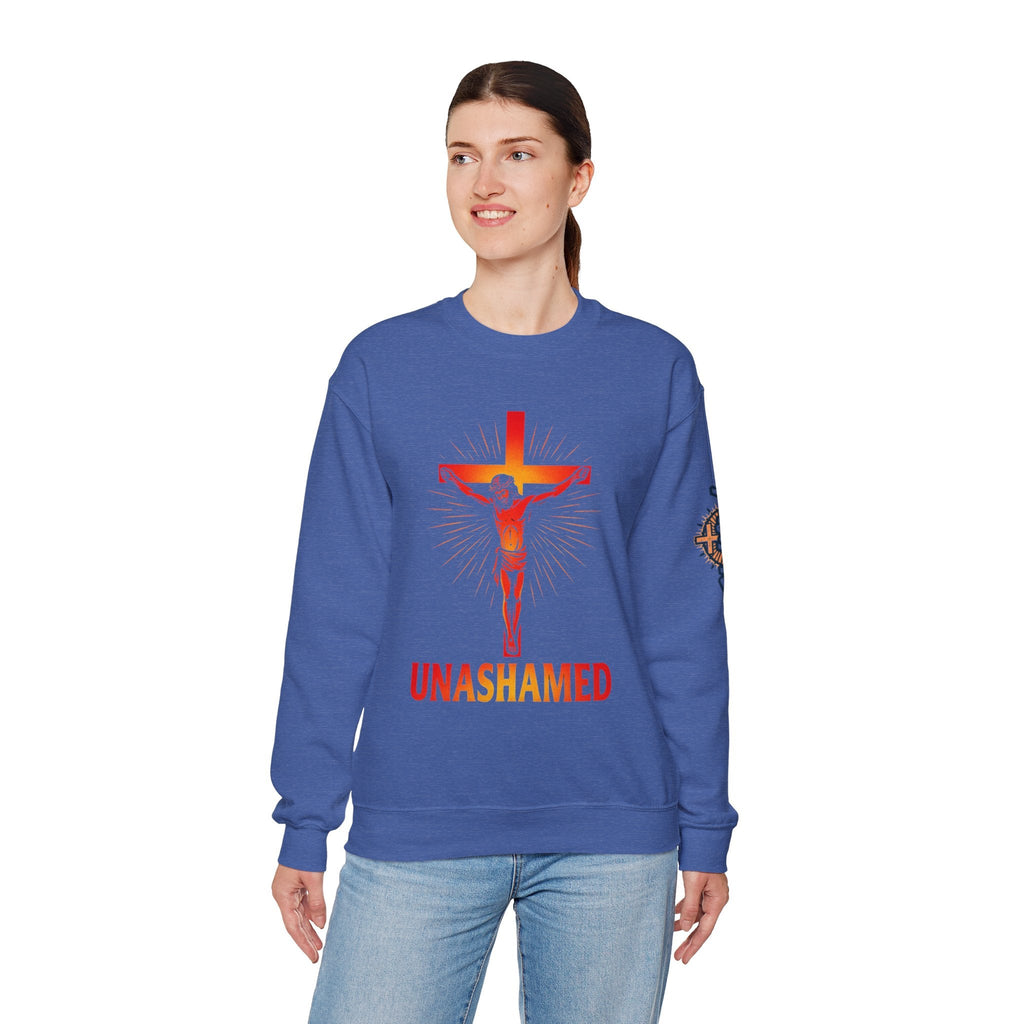 Unashamed Sweatshirt – Romans 1:16 Crucifixion Christian Sweatshirt for Bold Unwavering Faith Printify
