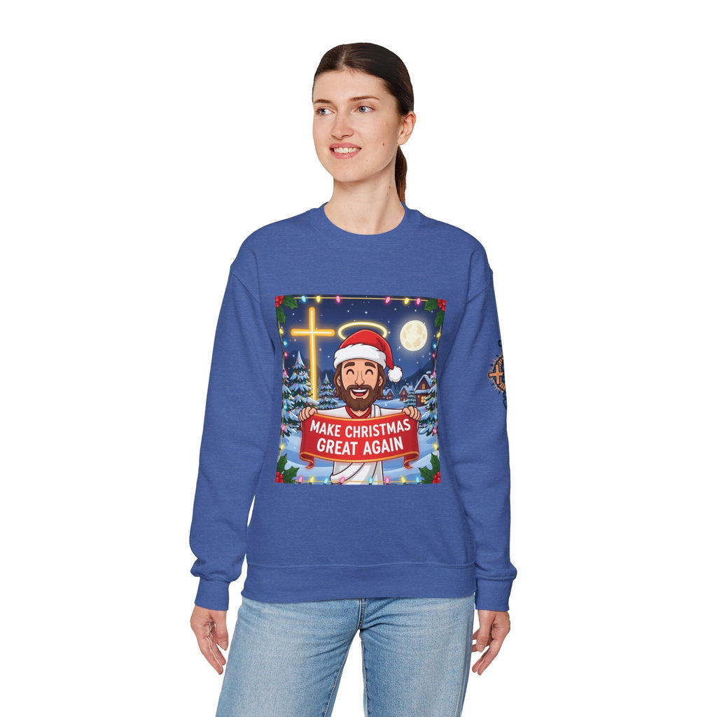 🎄 Make Christmas Great Again – Funny Christian Sweatshirt | Jesus Holding Banner | Faith-Based Holiday Parody Tee | Uplifted Gear Printify