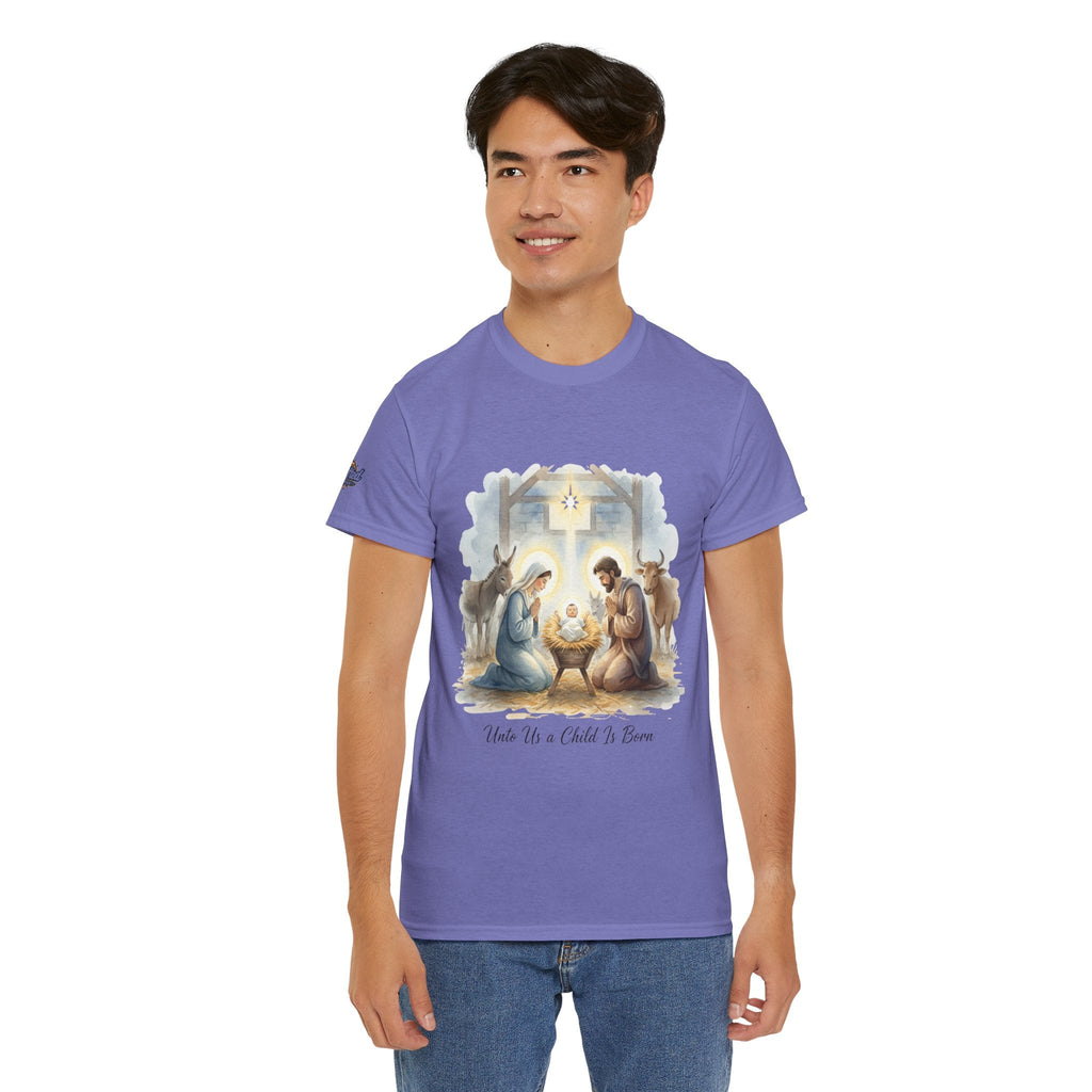Unto Us a Child is Born T-shirt – Isaiah 9:6 Nativity Manger Scene Christian Christmas T-shirt for Holy Night Faith Printify