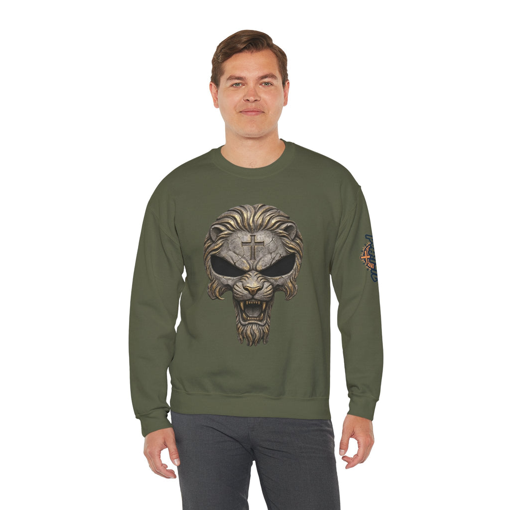 Lion of Judah Skull Christian Sweatshirt - Warrior Faith Cross Sweatshirt Printify