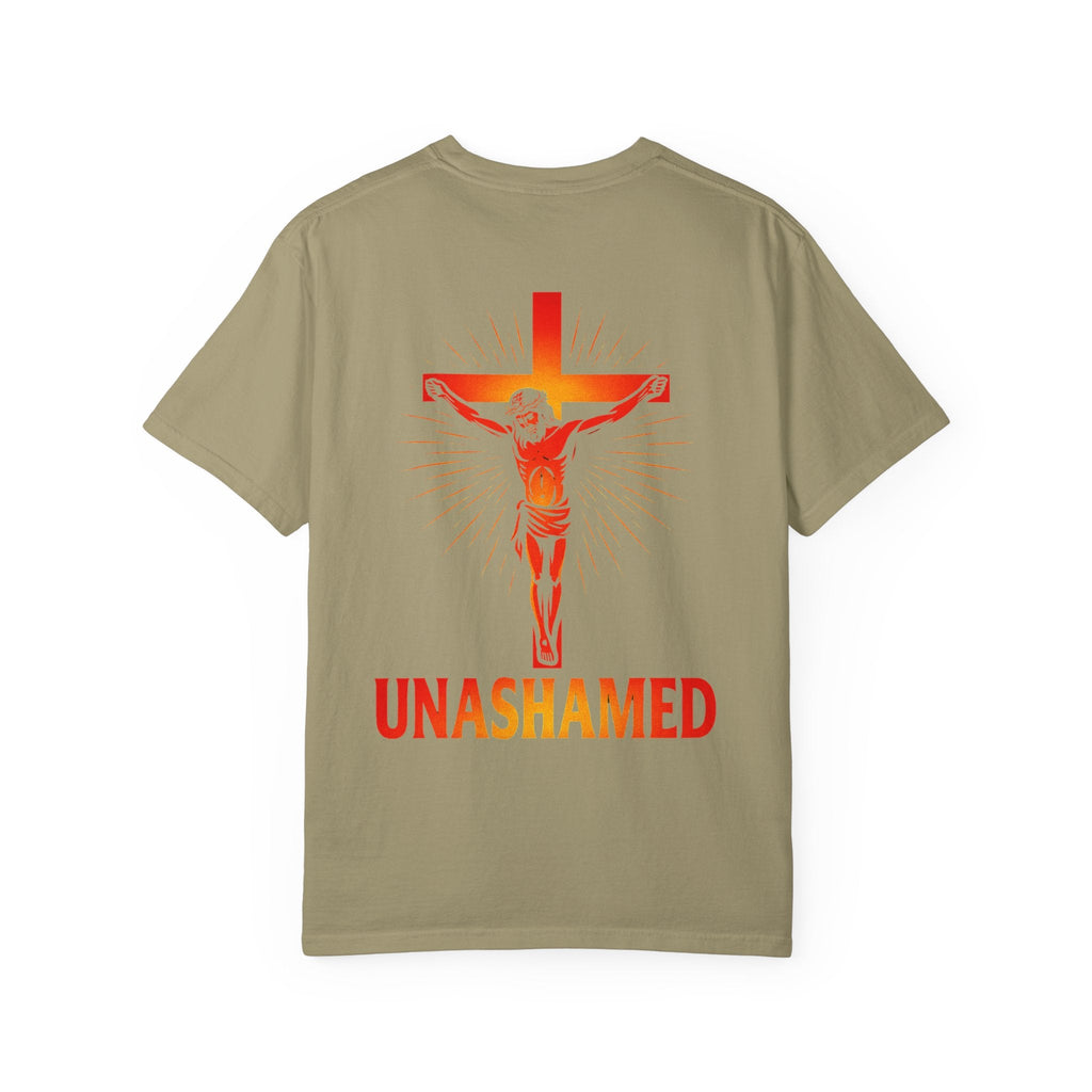 Unashamed T-shirt – Romans 1:16 Crucifixion Christian t-shirt for Bold Unwavering Faith Red Printify
