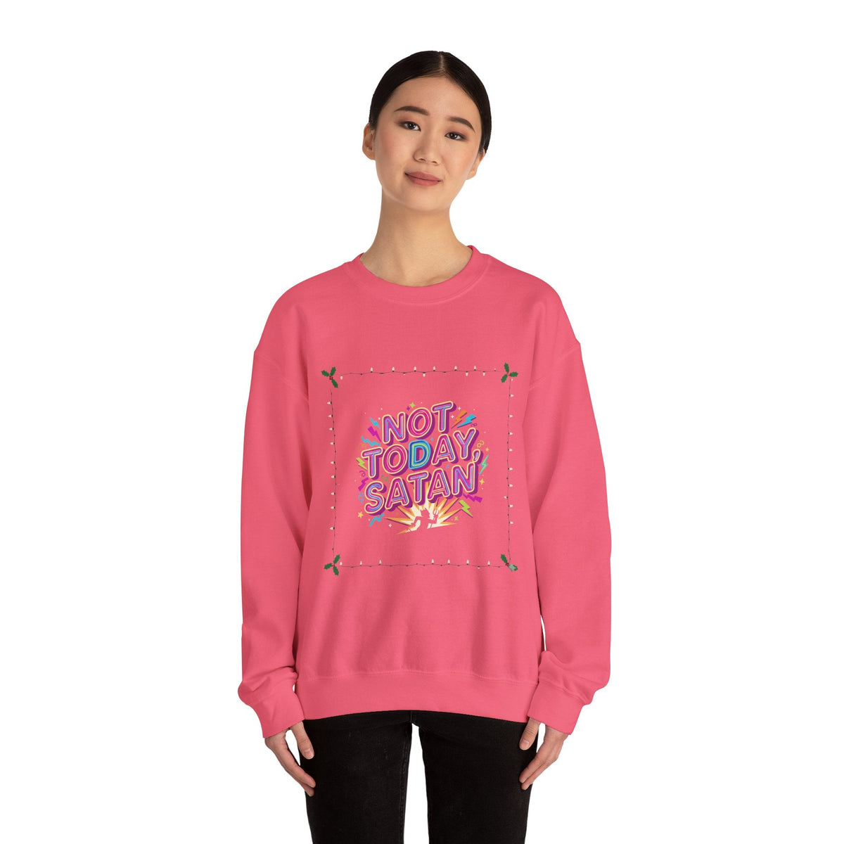 🔥 Not Today, Satan – Retro 90s Christian Sweatshirt | Neon Faith Tee | Funky Cartoon Devil | Bold Bible Verse Shirt | Uplifted Gear Printify