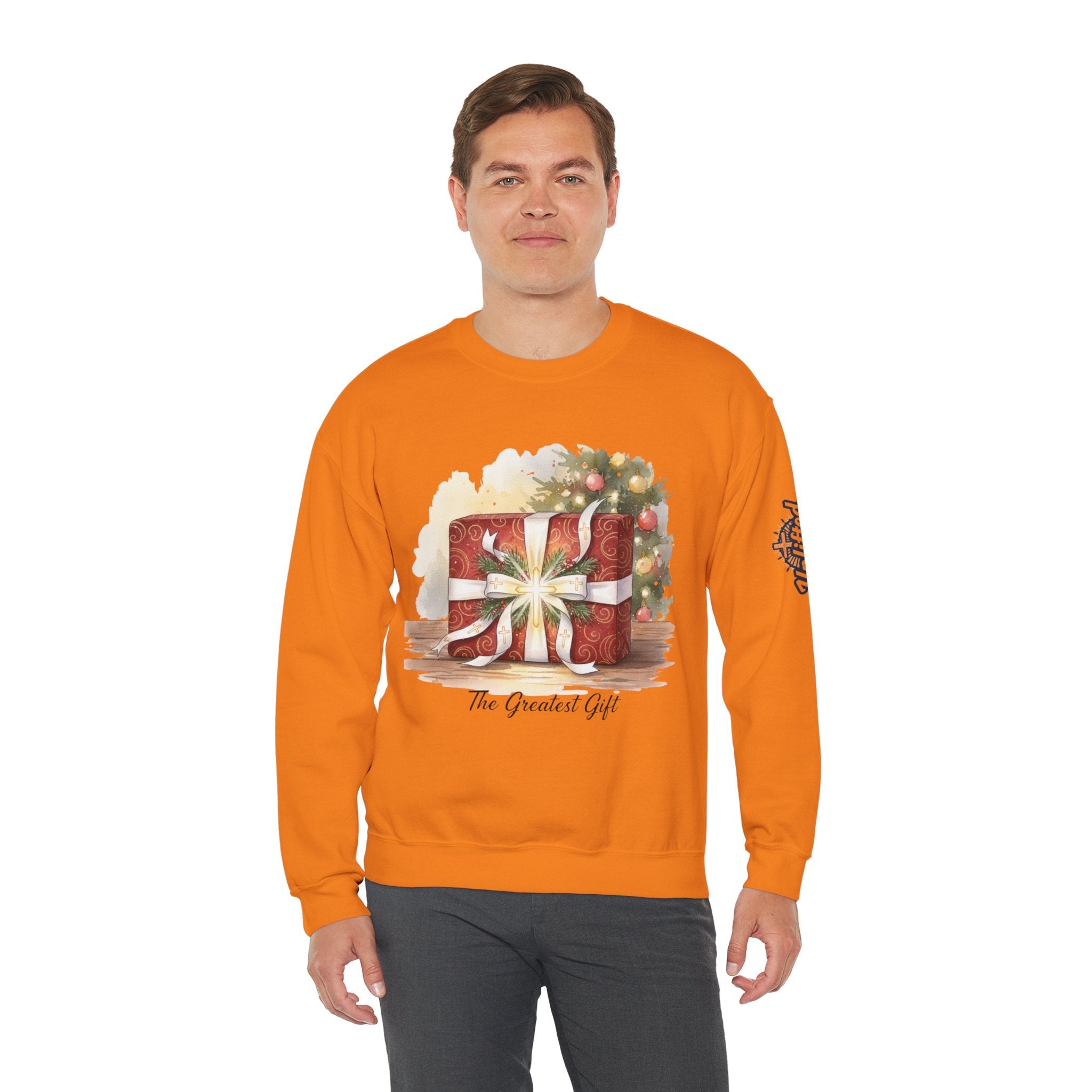 The Greatest Gift Sweatshirt – Cross Bow Present Christian Sweatshirt for Christmas Salvation & Eternal Faith Printify