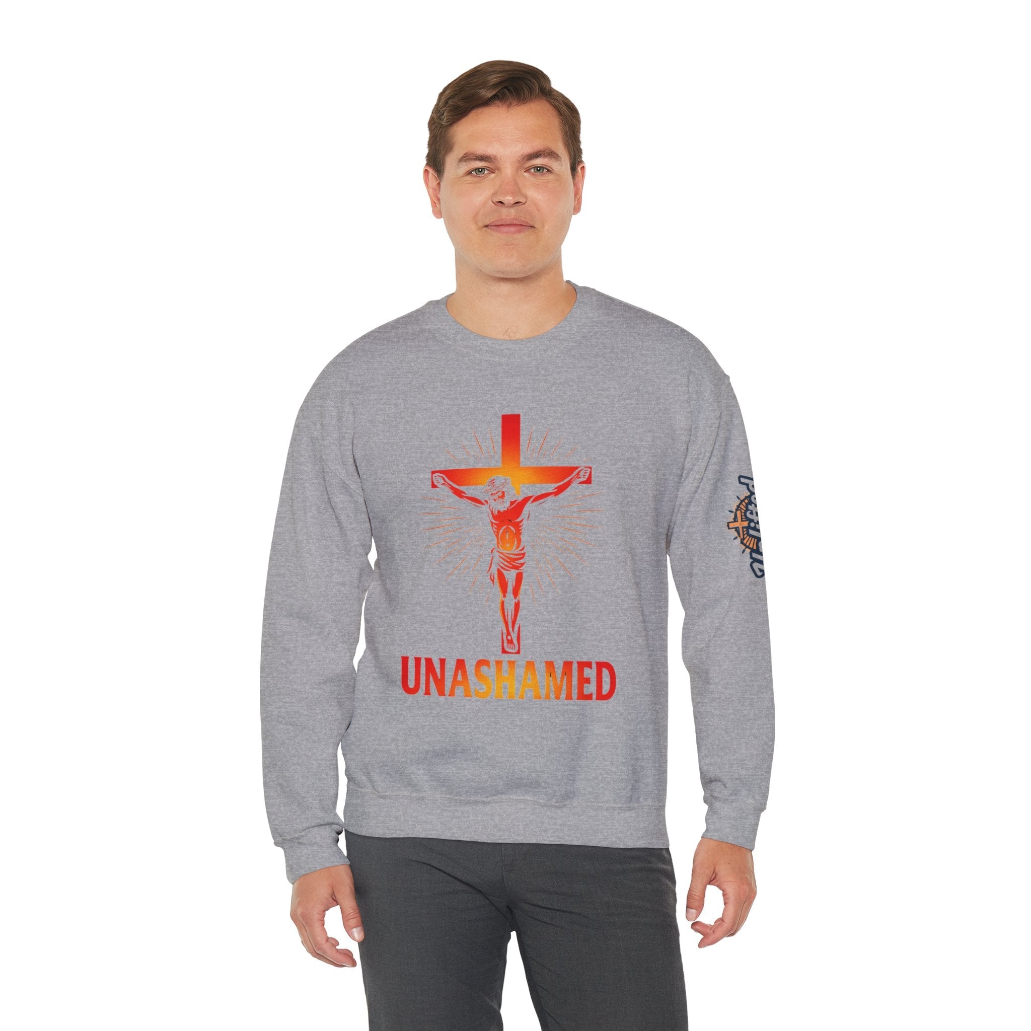 Unashamed Sweatshirt – Romans 1:16 Crucifixion Christian Sweatshirt for Bold Unwavering Faith Printify
