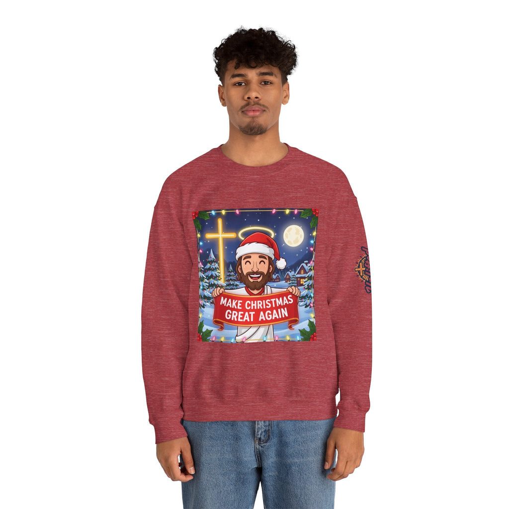 🎄 Make Christmas Great Again – Funny Christian Sweatshirt | Jesus Holding Banner | Faith-Based Holiday Parody Tee | Uplifted Gear Printify