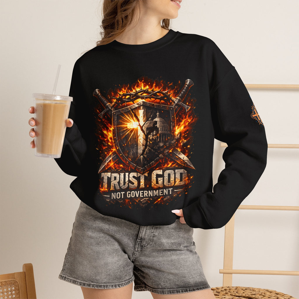 Trust God Not Government Shield Sweatshirt — Patriotic Christian Faith Sweatshirt Printify
