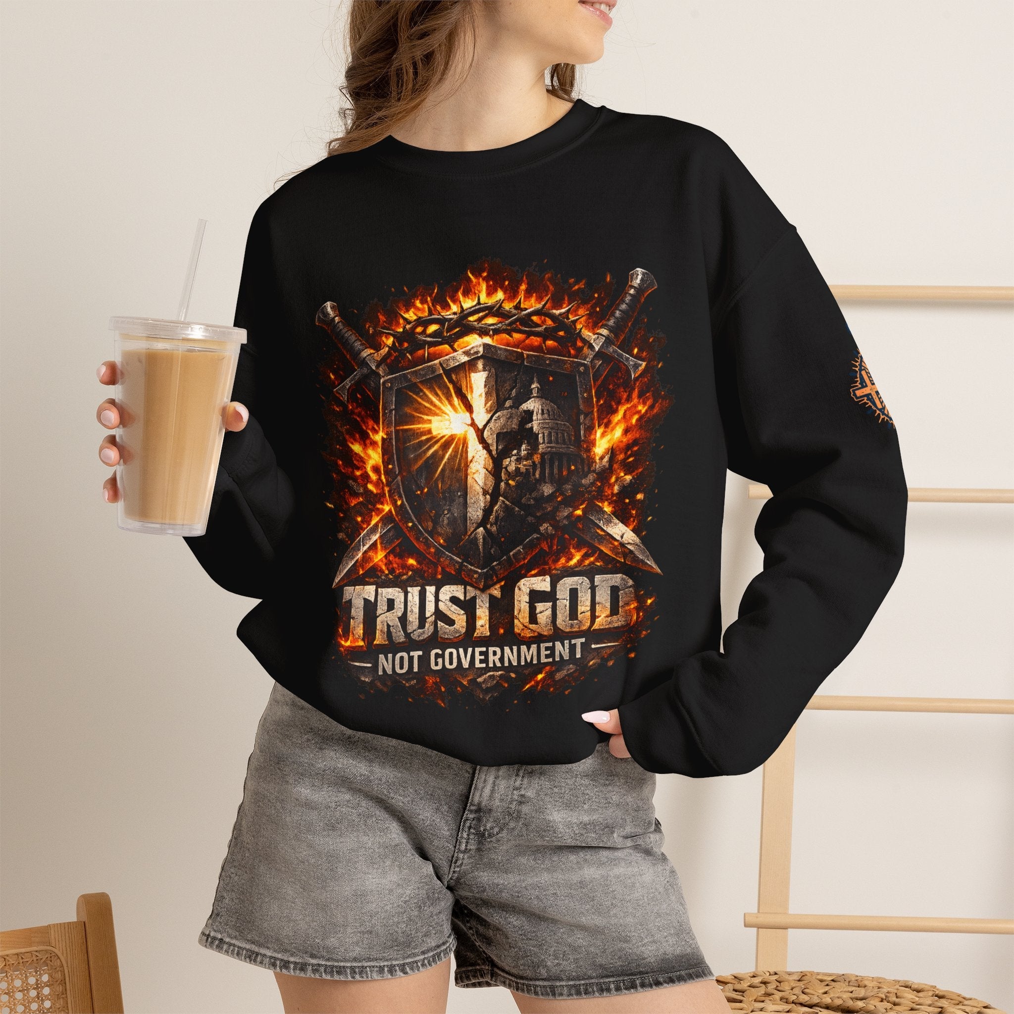 Trust God Not Government Shield Sweatshirt — Patriotic Christian Faith Sweatshirt Printify