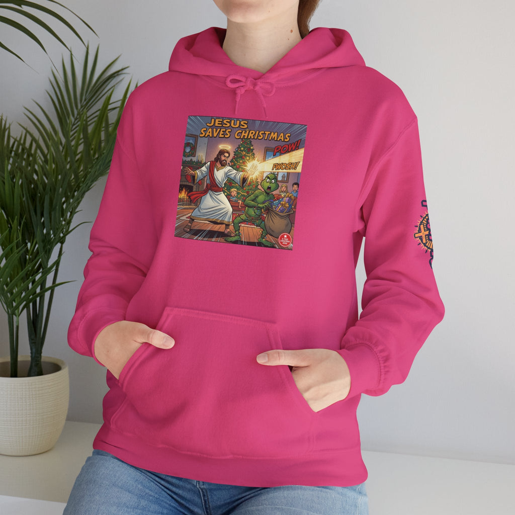 Jesus Saves Christmas Hoodie – Grinch vs Savior Light Battle Christian Sweatshirt for Hilarious Holiday Faith & True Joy Printify