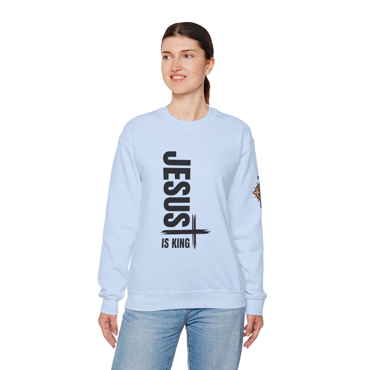 Jesus Is King Sweatshirt | Modern Typographic Cross Christian Sweatshirt Printify