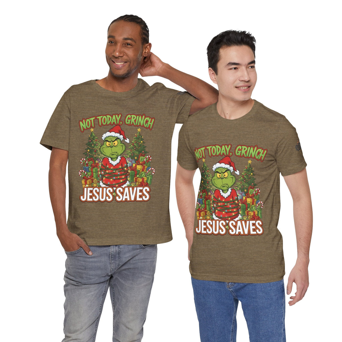 🎄 Not Today, Grinch – Jesus Saves | Funny Christian Christmas T-Shirt | Sulking Grinch & Glowing Cross | Bold Neon Faith Tee by Uplifted Gear Printify