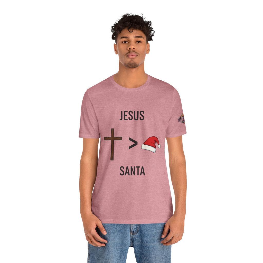 🎄 Jesus > Santa – Minimalist Christian Christmas T-Shirt | Bold Faith Over Holiday Tee | Cross vs Santa Hat Design | Uplifted Gear Printify