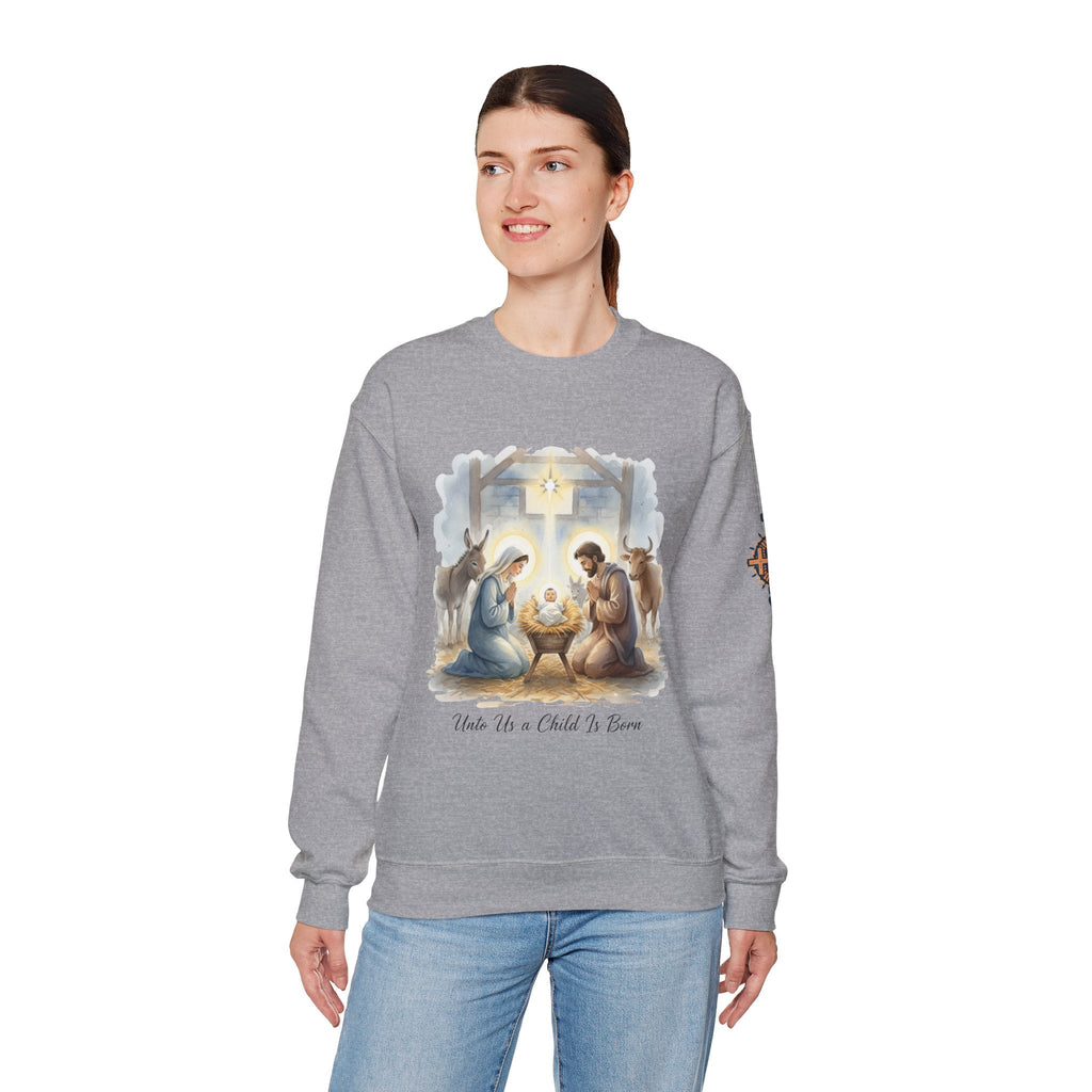Unto Us a Child is Born Sweatshirt – Isaiah 9:6 Nativity Manger Scene Christian Christmas Sweatshirt for Holy Night Faith Printify