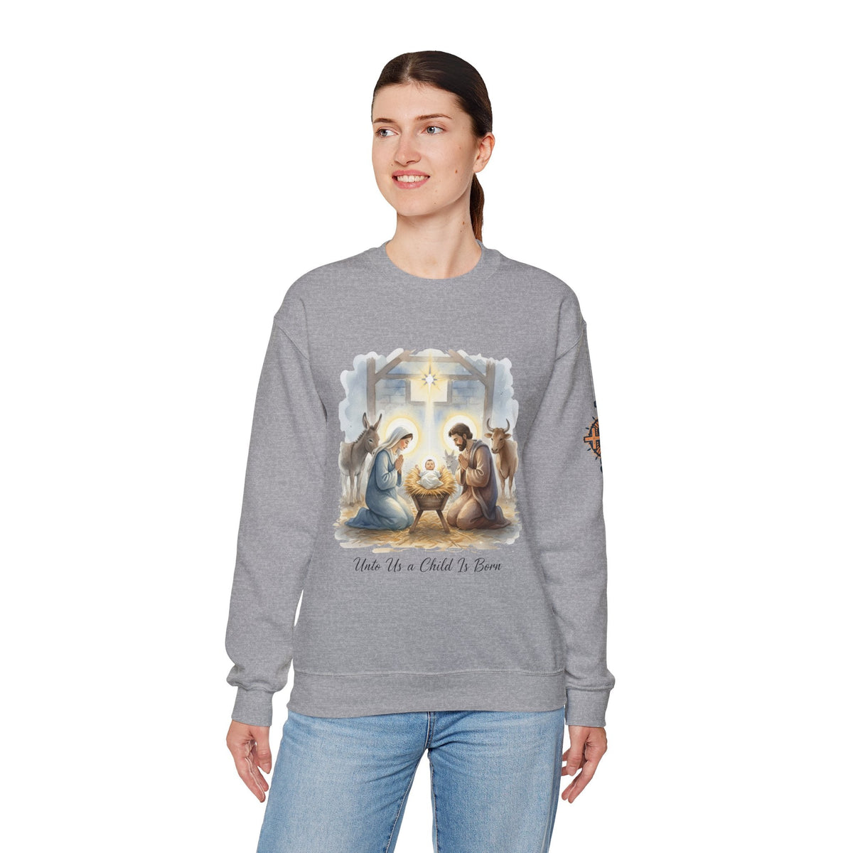 Unto Us a Child is Born Sweatshirt – Isaiah 9:6 Nativity Manger Scene Christian Christmas Sweatshirt for Holy Night Faith Printify