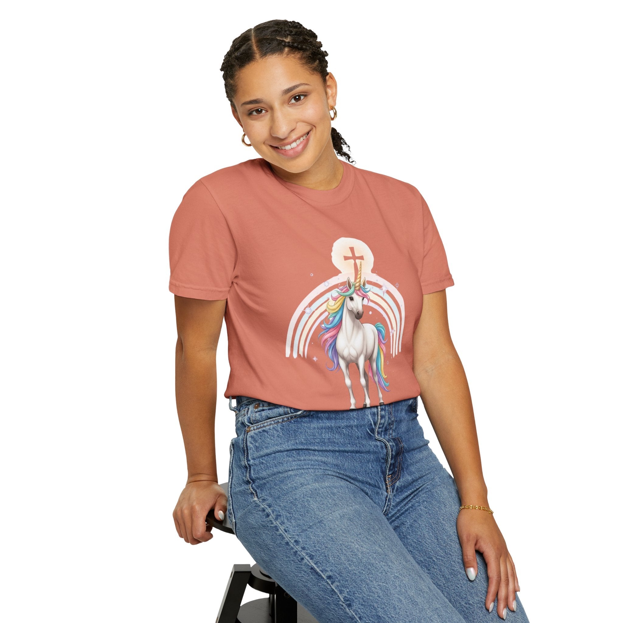 Unique Unicorn Christian T-Shirt – Wonderfully Made with Rainbow Cross & Psalm 139:14 Printify