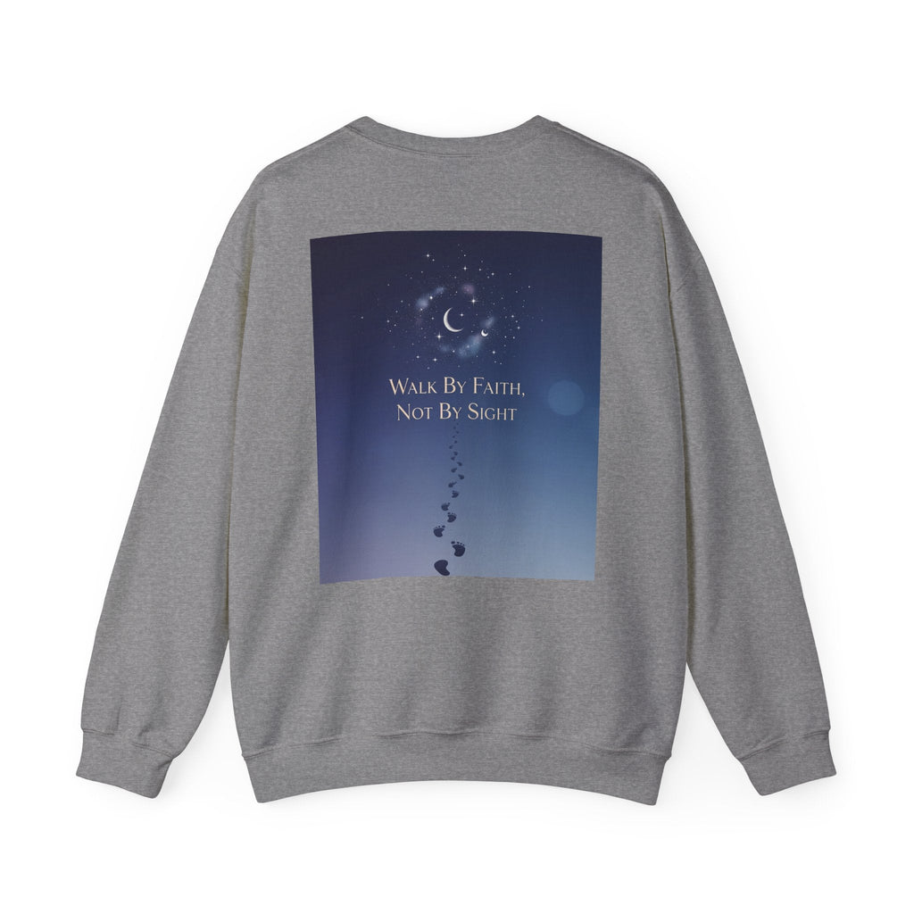 Walk by Faith, Not by Sight Sweatshirt – Moonlit Footprints Christian Sweatshirt for Cozy Nights Printify