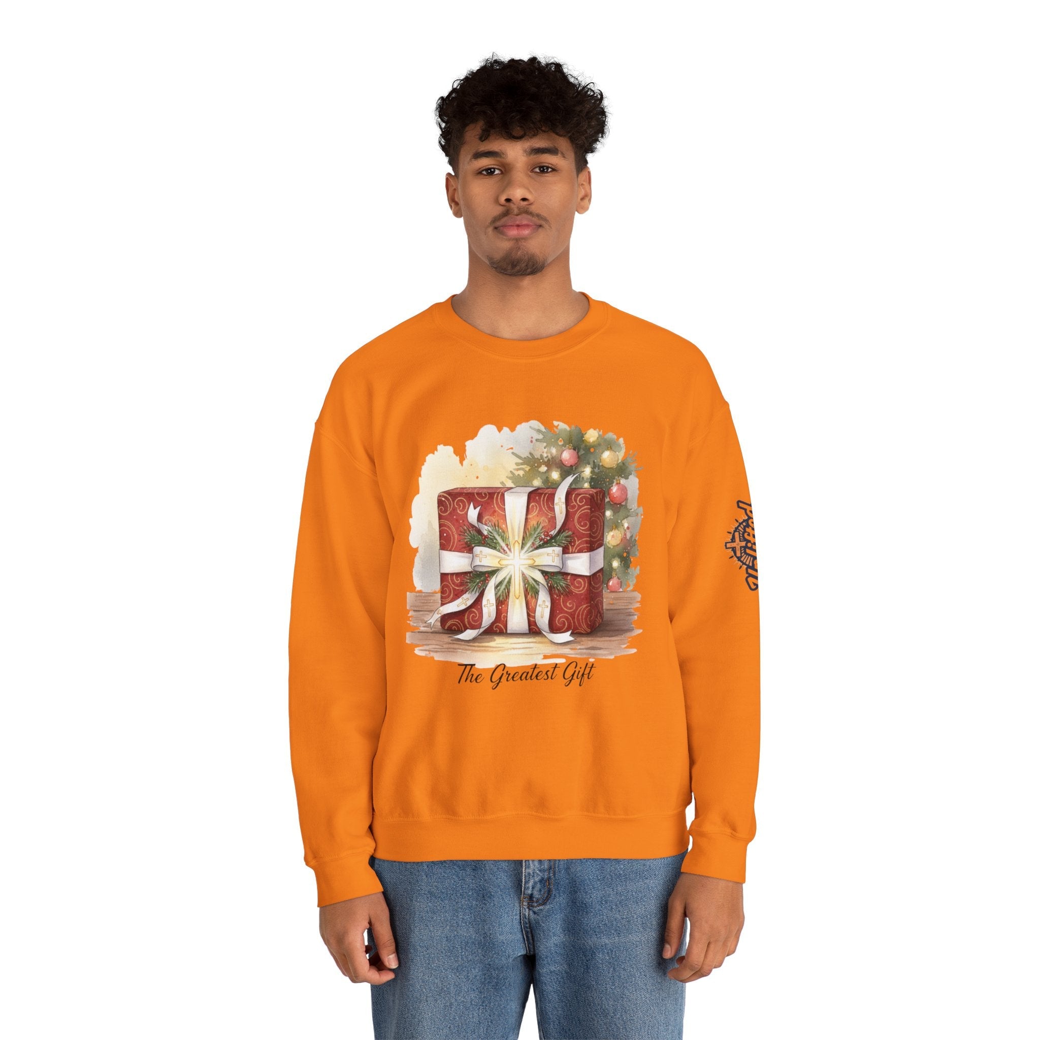 The Greatest Gift Sweatshirt – Cross Bow Present Christian Sweatshirt for Christmas Salvation & Eternal Faith Printify