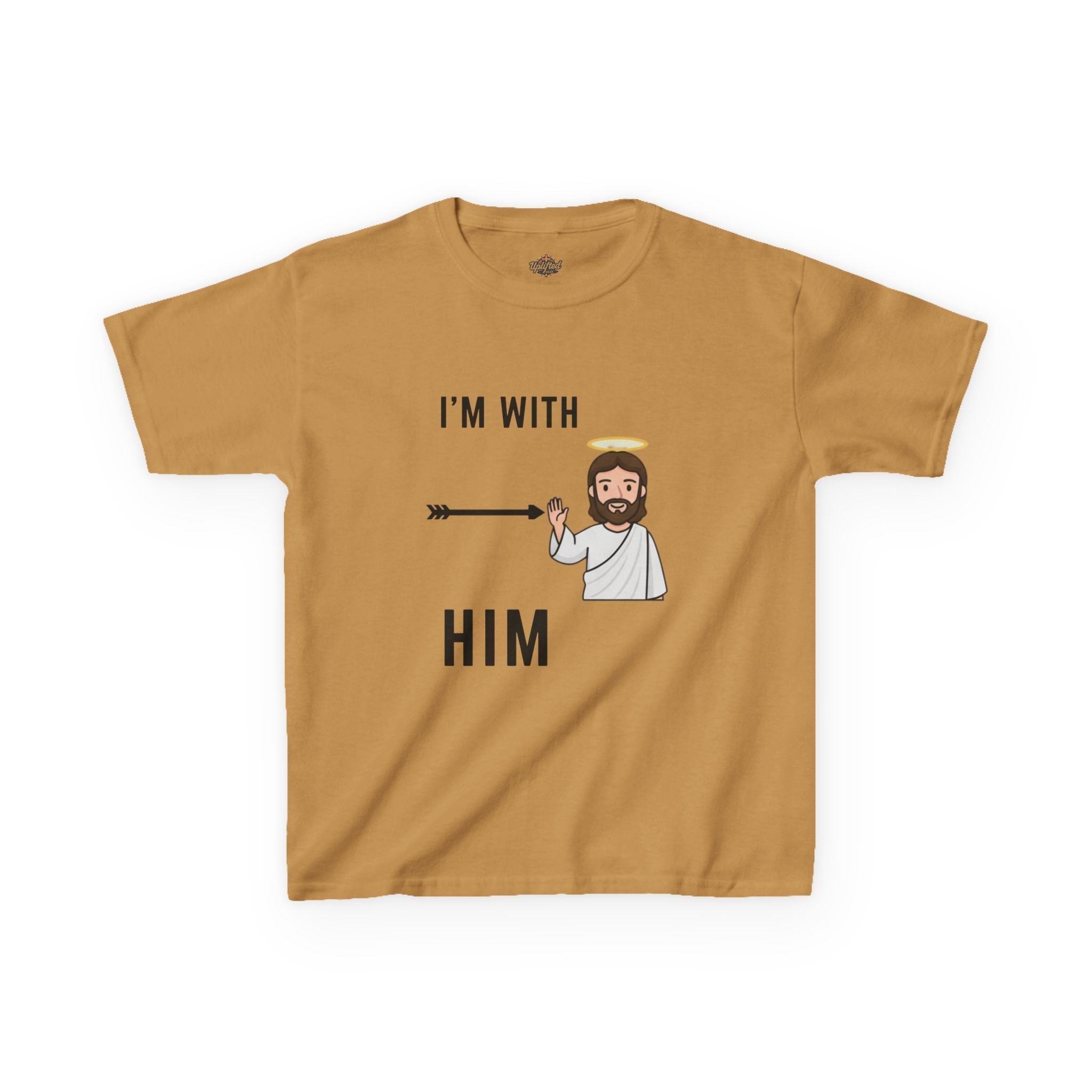 🔥 I’m With Him → Christian Kids T-Shirt | Arrow Pointing to Jesus | Minimalist Faith Tee | Subtle Cross Design | Bible-Inspired Apparel by Uplifted Gear Printify