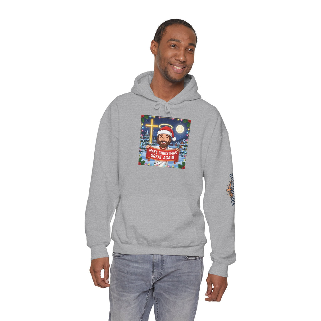 🎄 Make Christmas Great Again – Funny Christian Hoodie | Jesus Holding Banner | Faith-Based Holiday Parody Tee | Uplifted Gear Printify