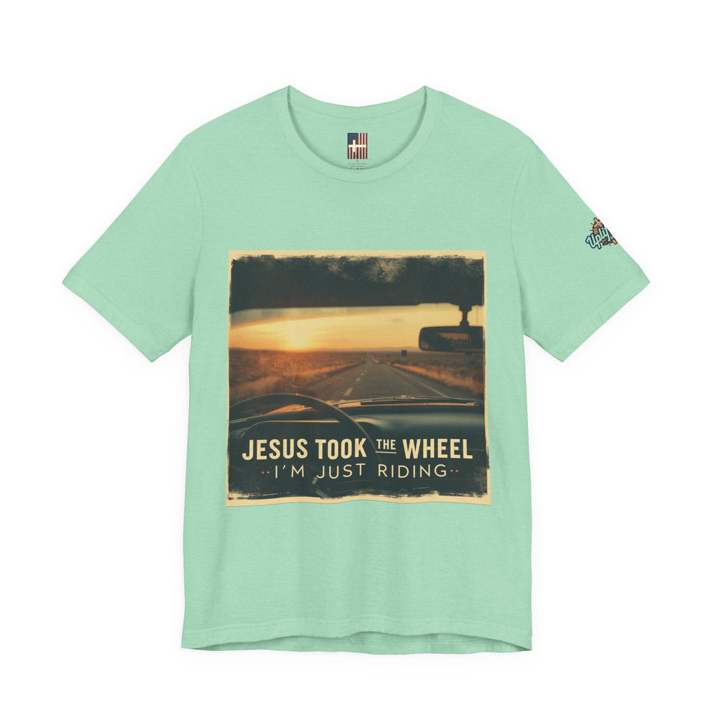 Jesus Took the Wheel I'm Just Riding T-shirt – Funny Christian Convertible Car T-shirt for Surrendered Faith & Humor Printify