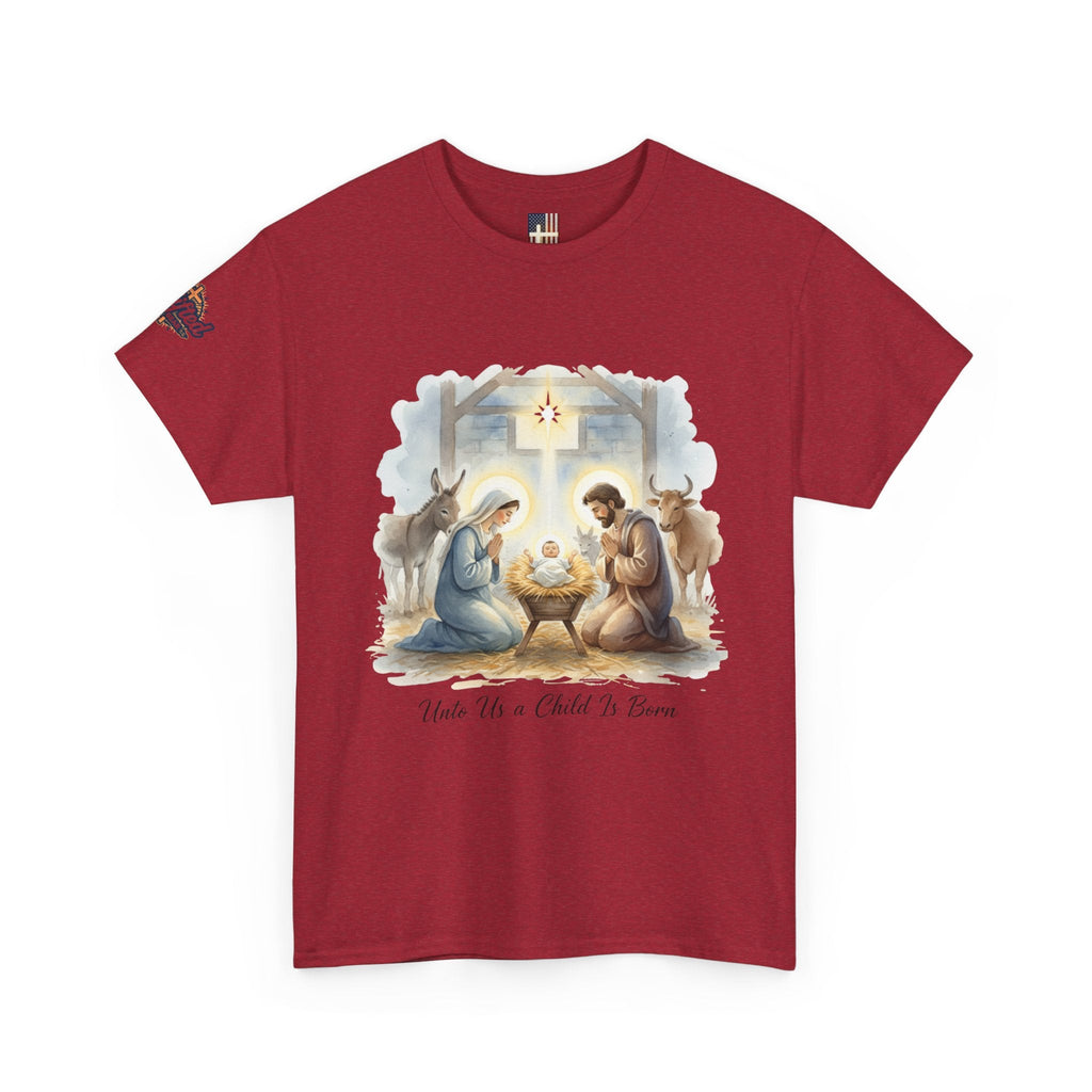 Unto Us a Child is Born T-shirt – Isaiah 9:6 Nativity Manger Scene Christian Christmas T-shirt for Holy Night Faith Printify
