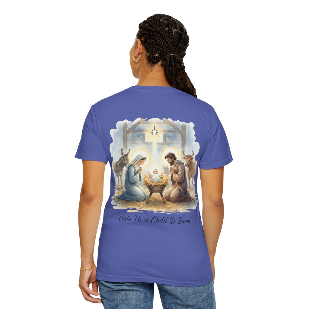 Unto Us a Child is Born T-shirt – Isaiah 9:6 Nativity Manger Scene Christian Christmas T-shirt for Holy Night Faith Printify