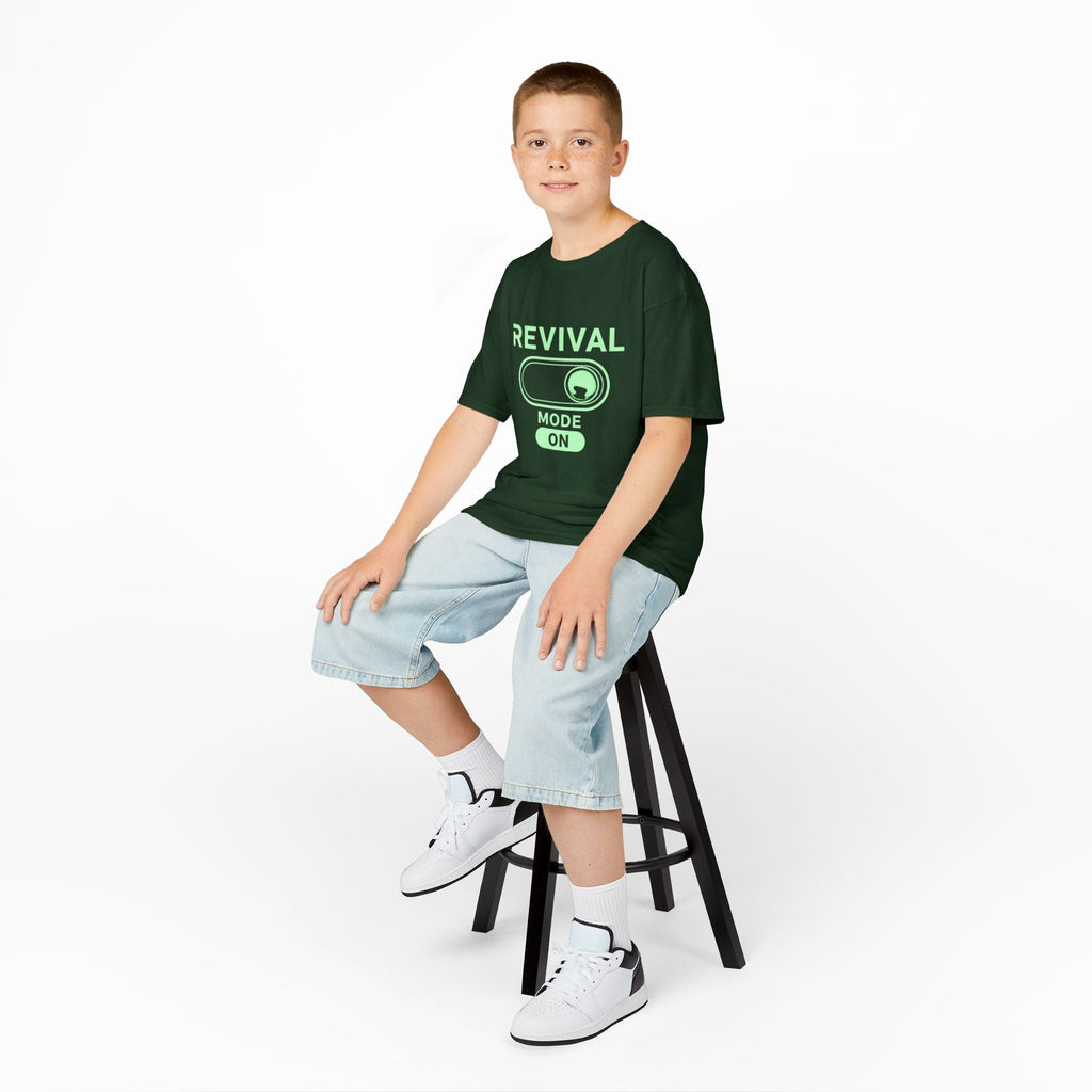🔥 Revival Mode: ON – Christian Techwear Kids T-Shirt | Glowing Green Faith Switch | Futuristic Jesus Shirt | Activate Your Spiritual Awakening | Uplifted Gear Printify
