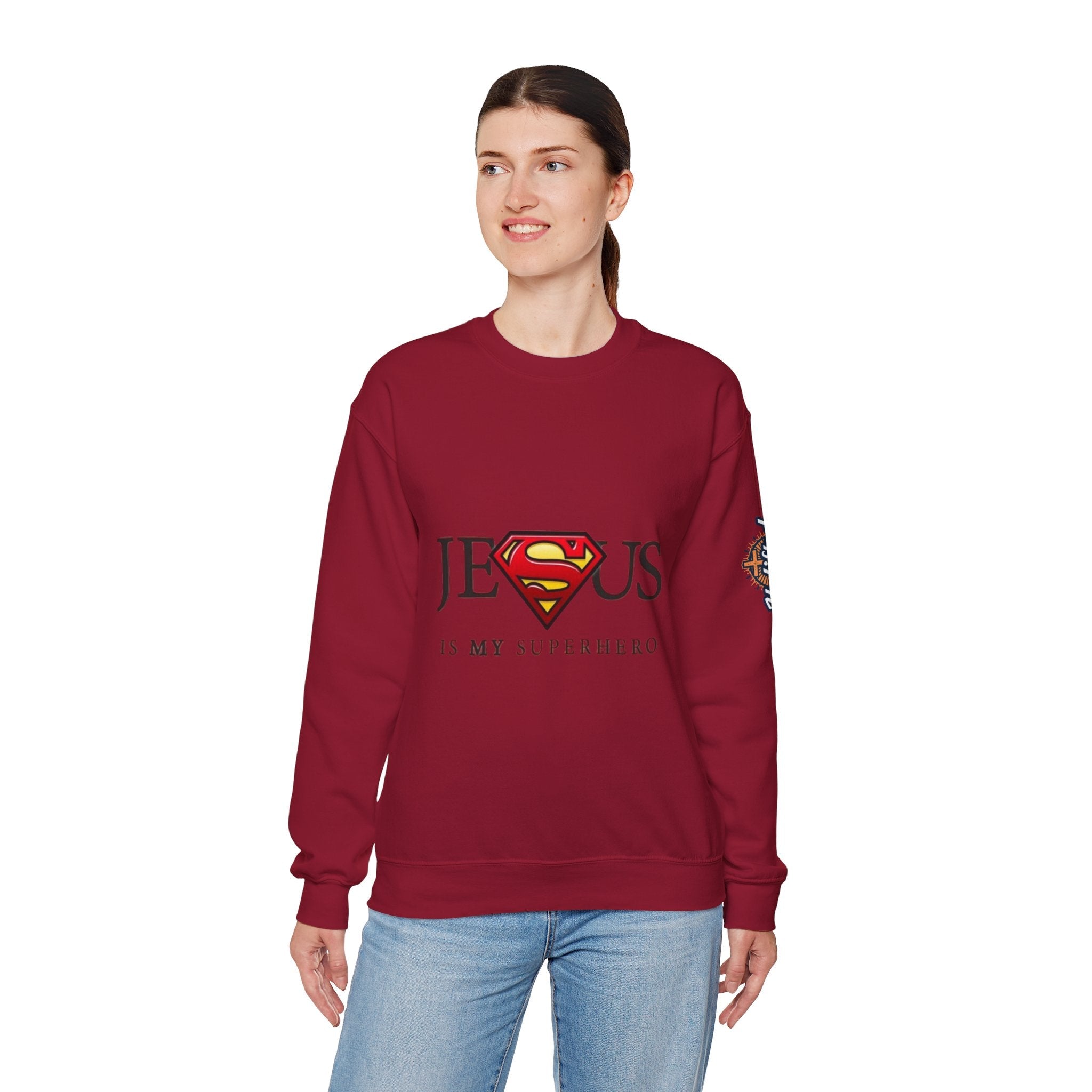 Jesus Is My Superhero Crewneck Sweatshirt Printify