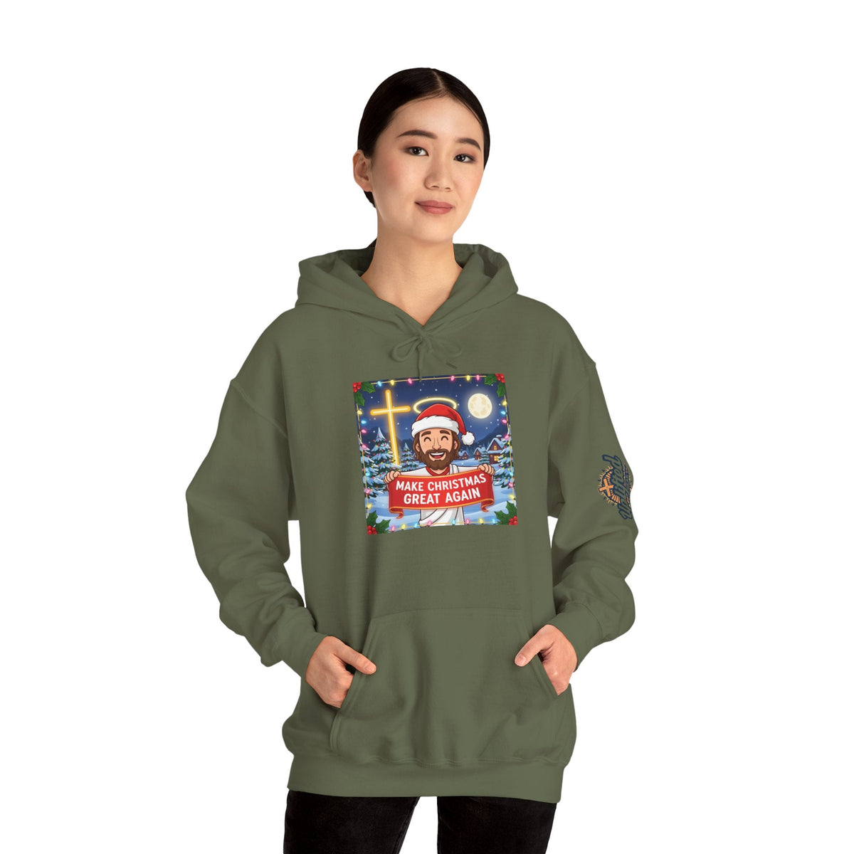 🎄 Make Christmas Great Again – Funny Christian Hoodie | Jesus Holding Banner | Faith-Based Holiday Parody Tee | Uplifted Gear Printify
