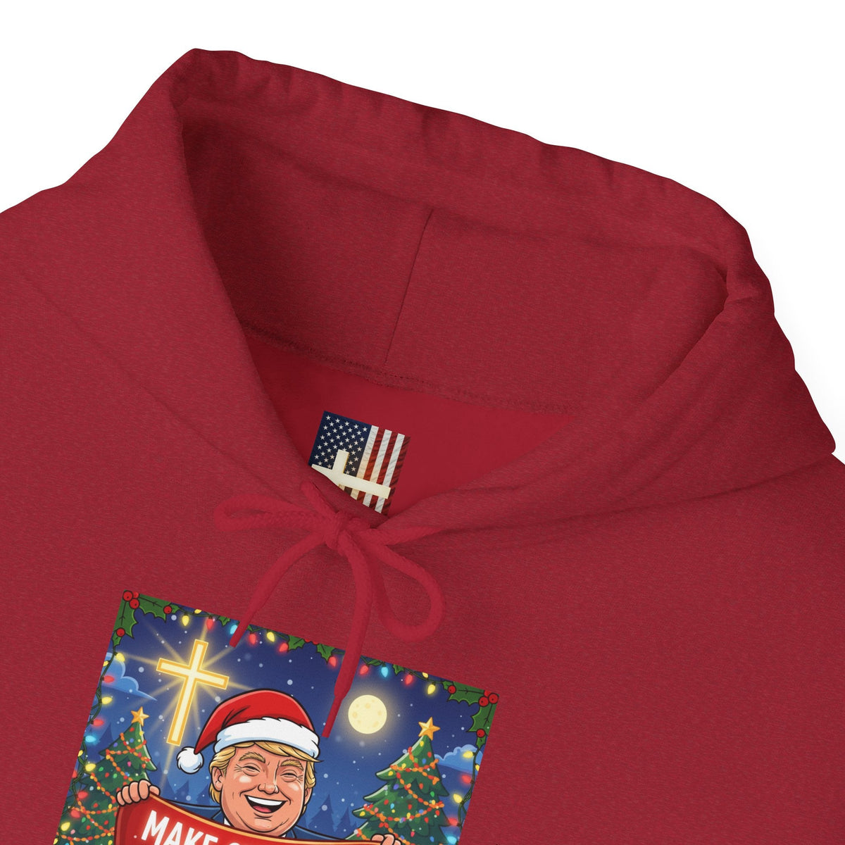 🎄 Make Christmas Great Again – Patriotic Christian Christmas Hoodie | Bold Holiday Faith Tee | Red & White Banner Design | Uplifted Gear Printify