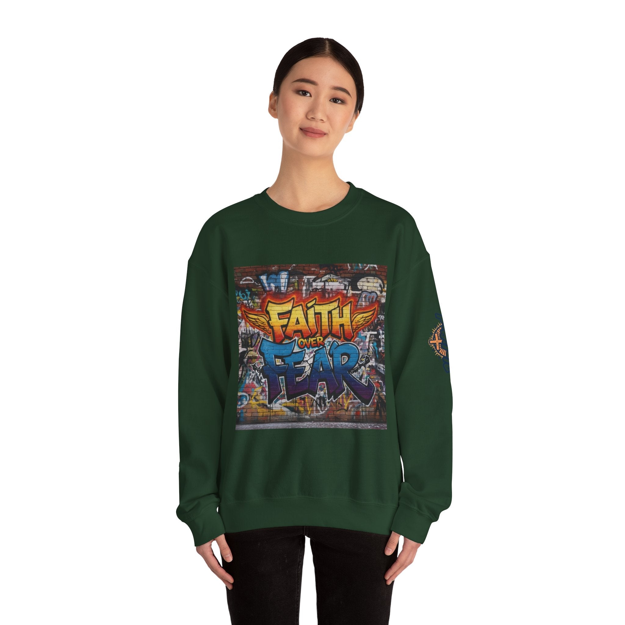 Faith Over Fear Sweatshirt – Graffiti Wall Christian Sweatshirt for Bold 2 Corinthians 5:7 Streetwear & Unshakable Faith Printify