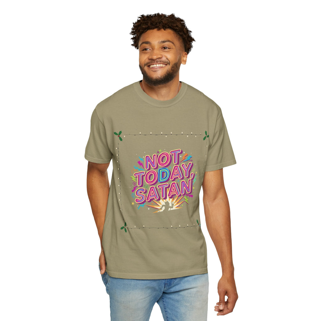 🔥 Not Today, Satan – Retro 90s Christian T-Shirt | Neon Faith Tee | Funky Cartoon Devil | Bold Bible Verse Shirt | Uplifted Gear Printify