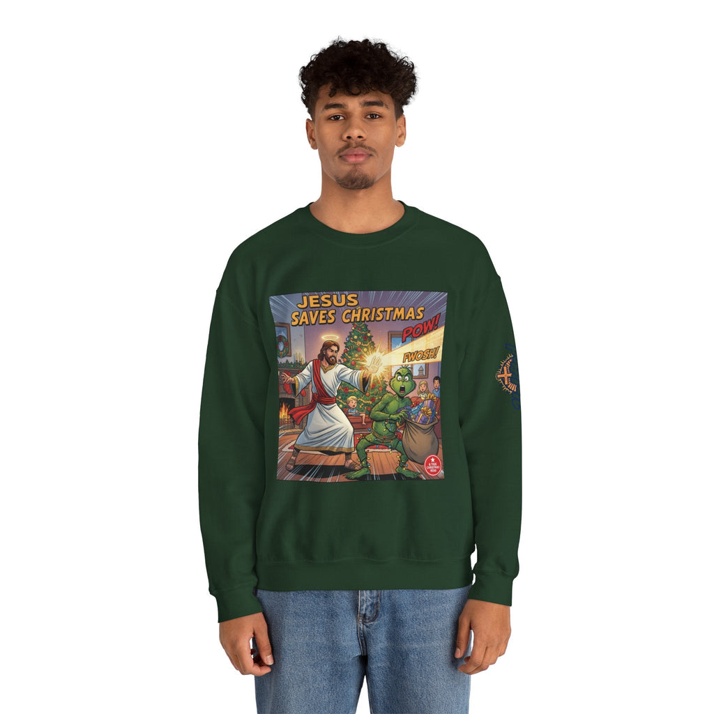 Jesus Saves Christmas Sweatshirt – Grinch vs Savior Light Battle Christian Sweatshirt for Hilarious Holiday Faith & True Joy Printify