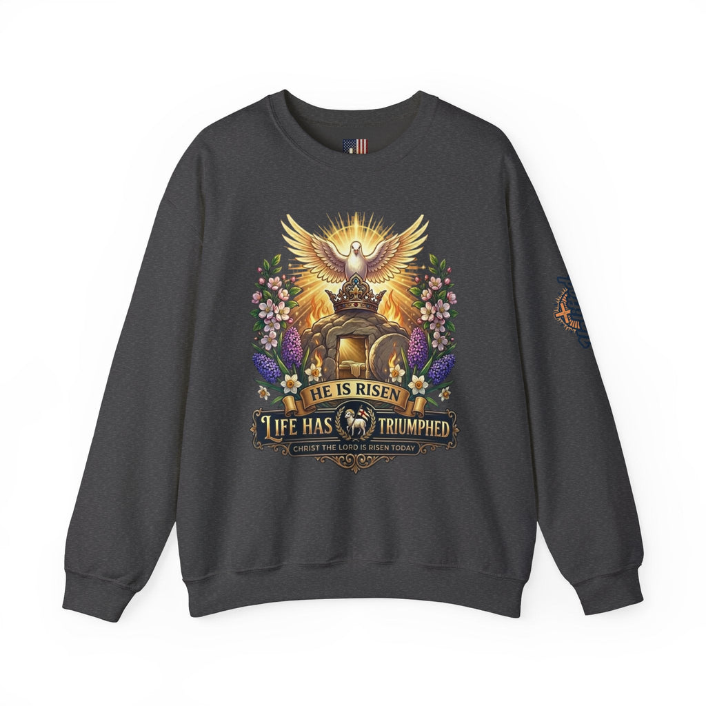 He Is Risen "Life Has Triumphed" Sweatshirt — Easter Resurrection Christian Sweatshirt Printify