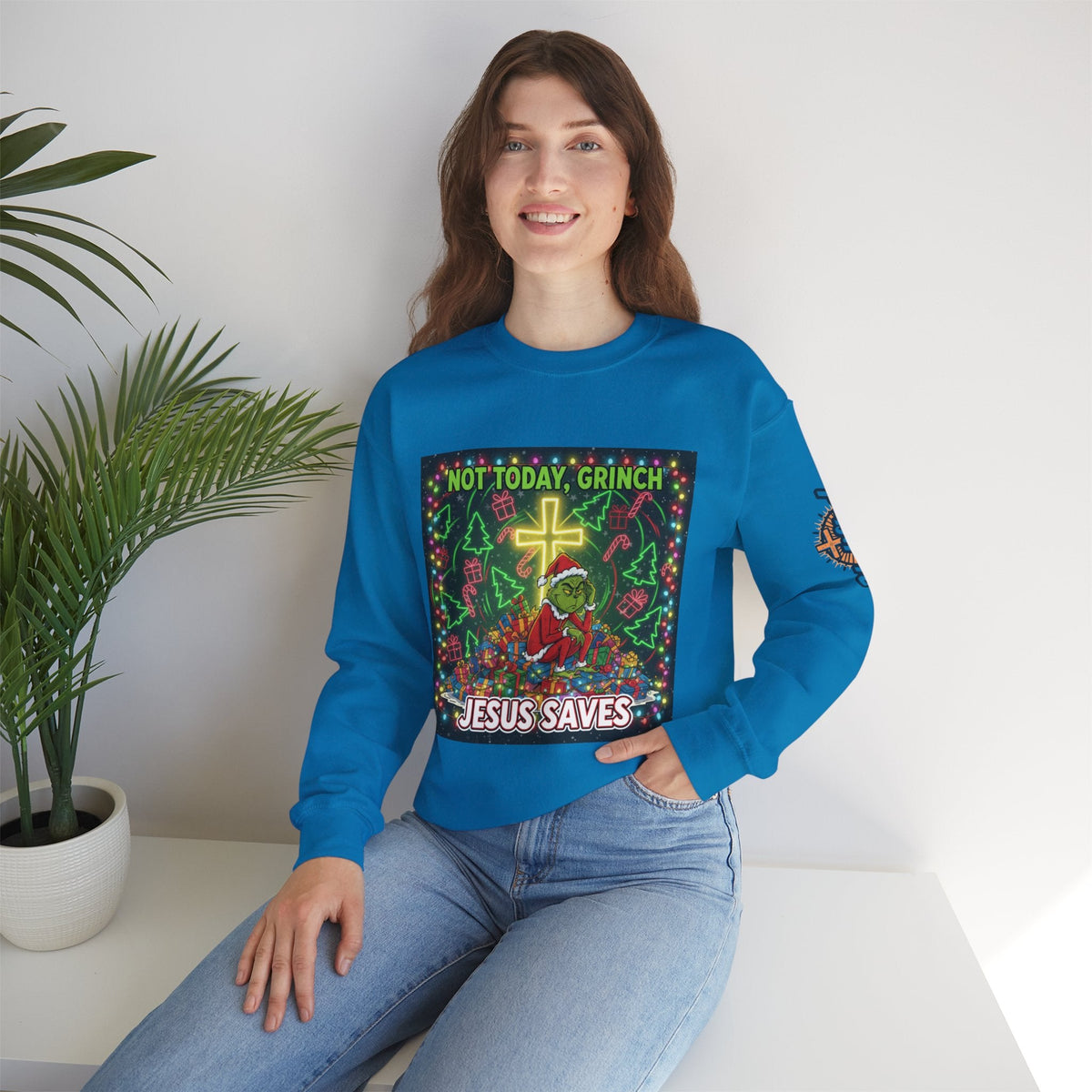 🎄 Not Today, Grinch – Jesus Saves | Funny Christian Christmas Sweatshirt | Festive Green & Red Cartoon Style | Bold Faith Holiday Tee by Uplifted Gear Printify