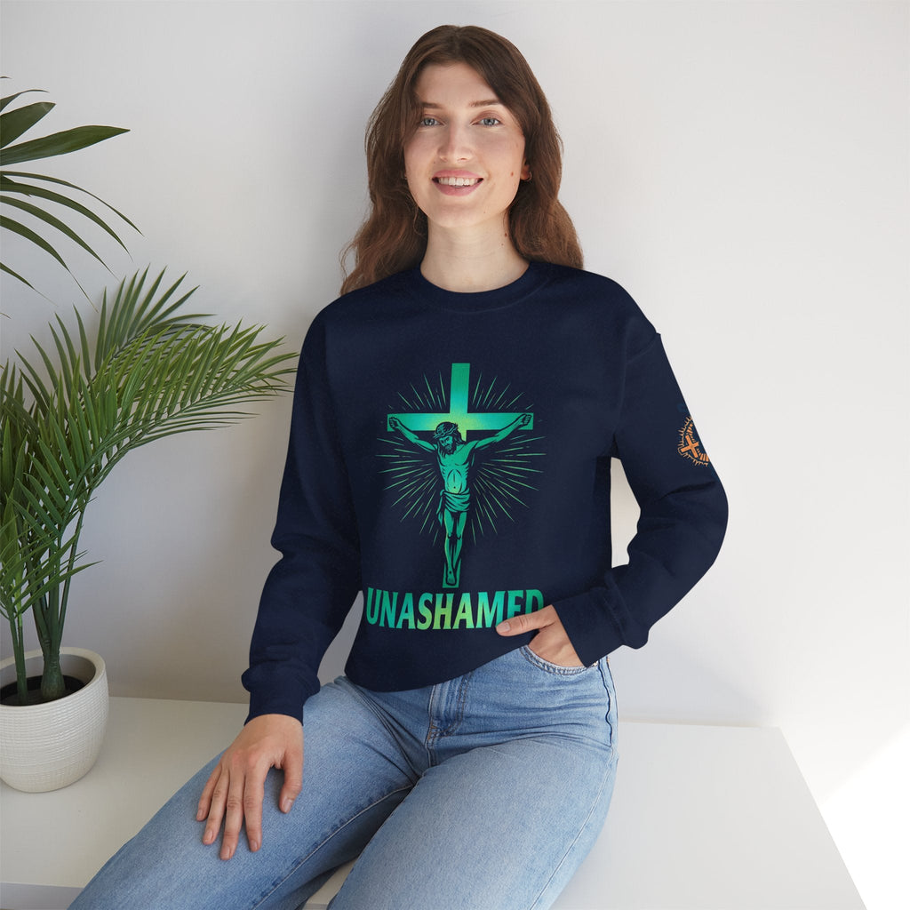 Unashamed Sweatshirt – Romans 1:16 Crucifixion Christian Sweatshirt for Bold Unwavering Faith Printify