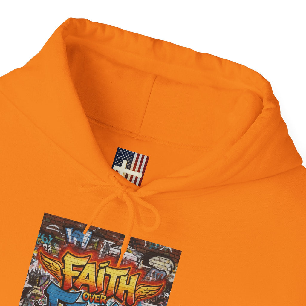 Faith Over Fear Hoodie – Graffiti Wall Christian Sweatshirt for Bold 2 Corinthians 5:7 Streetwear & Unshakable Faith Printify