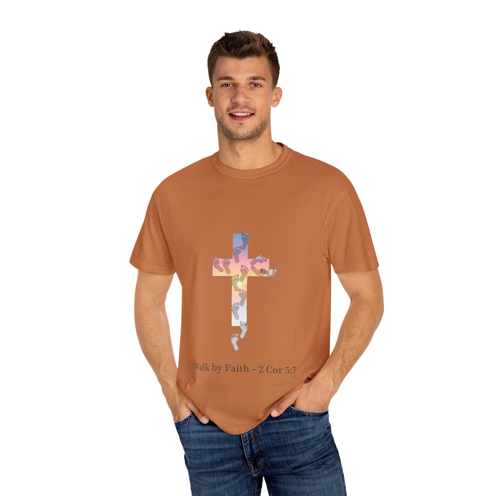 Walk by Faith T-Shirt – Cross & Footprints Christian Tee for Bold Believers Printify