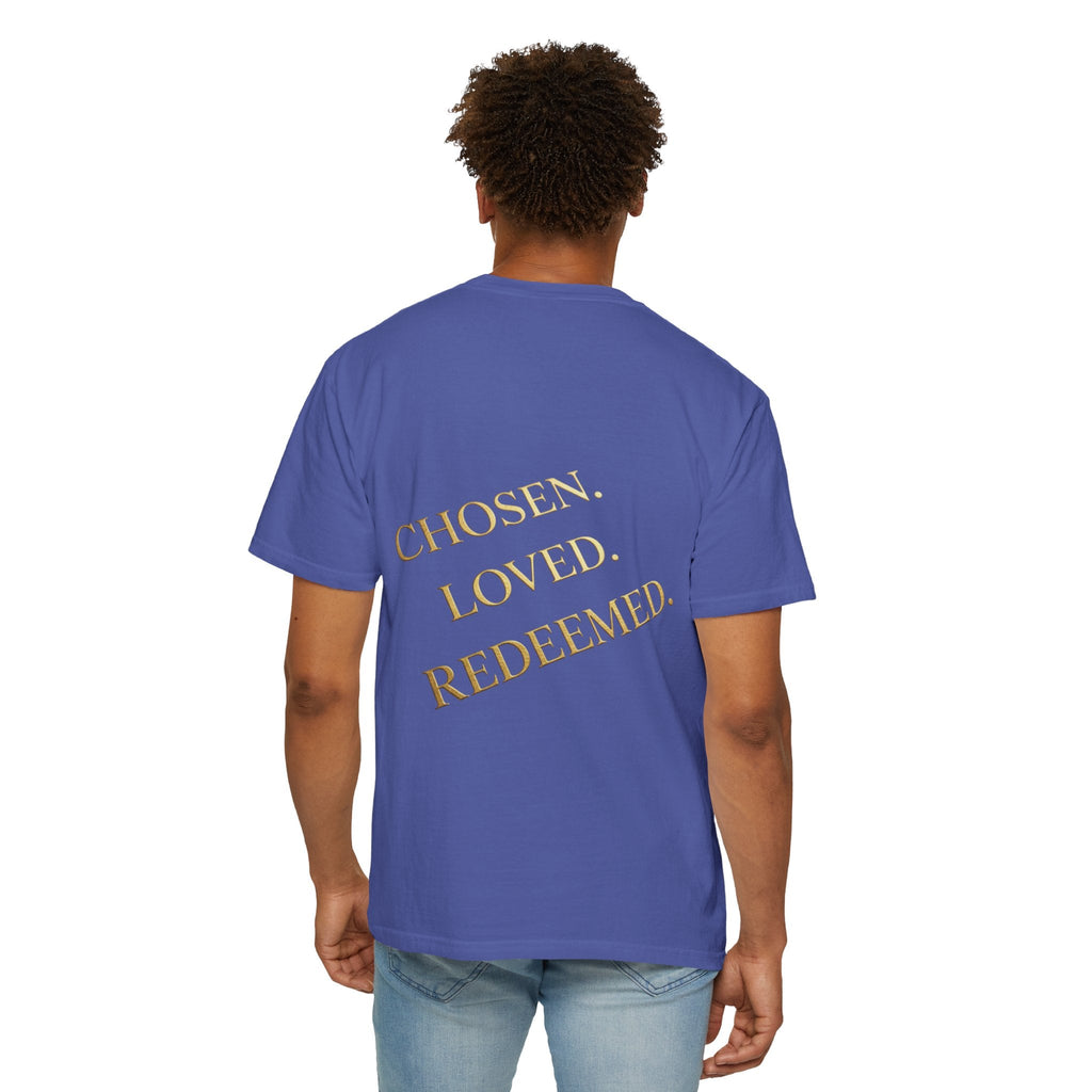 ✨ Chosen. Loved. Redeemed. – Elegant Christian T-Shirt | Gold Foil Faith Tee | Subtle Cross & Heart Design | Inspirational Bible Verse Apparel by Uplifted Gear Printify
