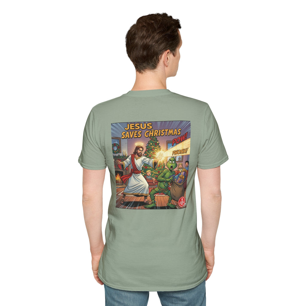 Jesus Saves Christmas T-shirt – Grinch vs Savior Light Battle Christian T-shirt for Hilarious Holiday Faith & True Joy Printify