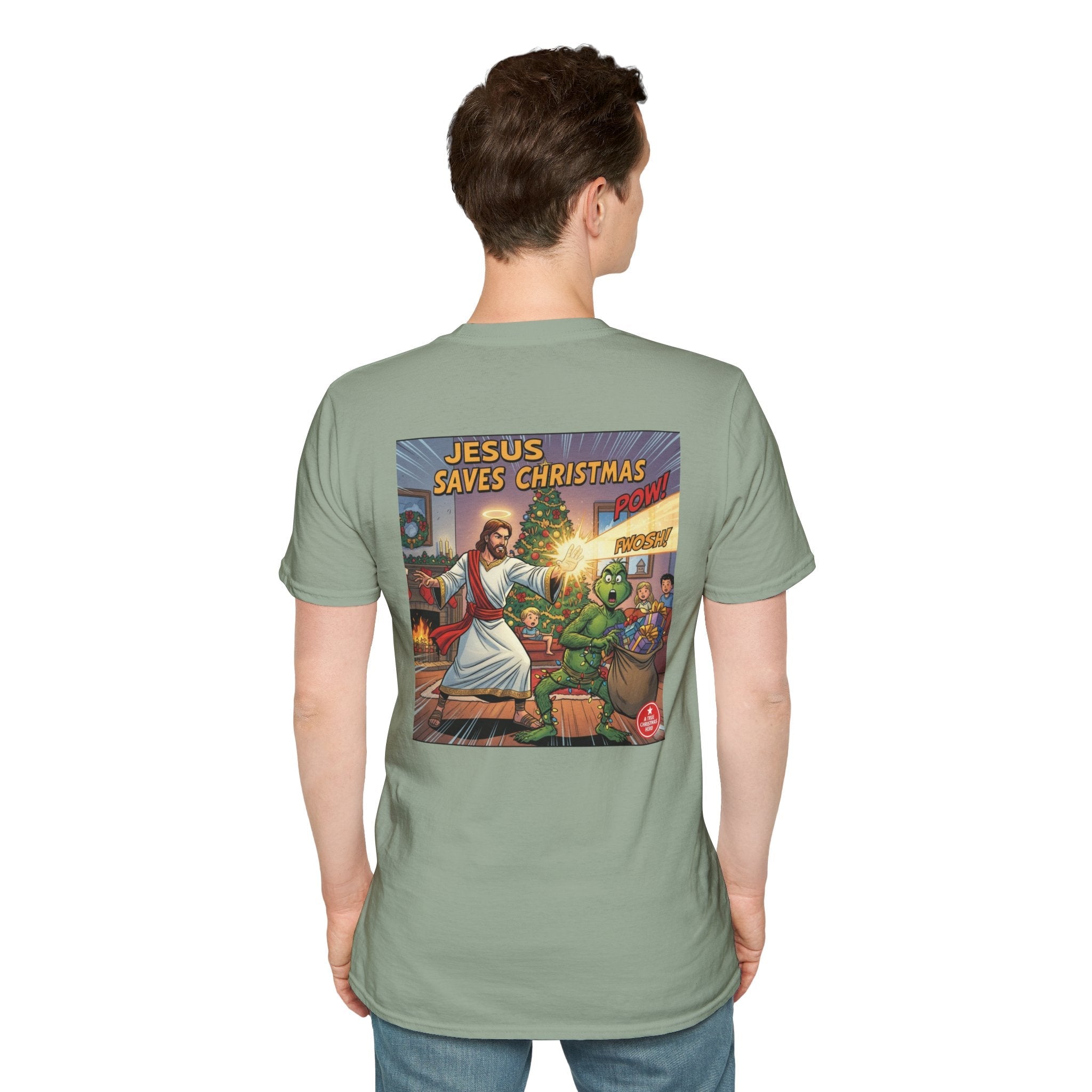 Jesus Saves Christmas T-shirt – Grinch vs Savior Light Battle Christian T-shirt for Hilarious Holiday Faith & True Joy Printify