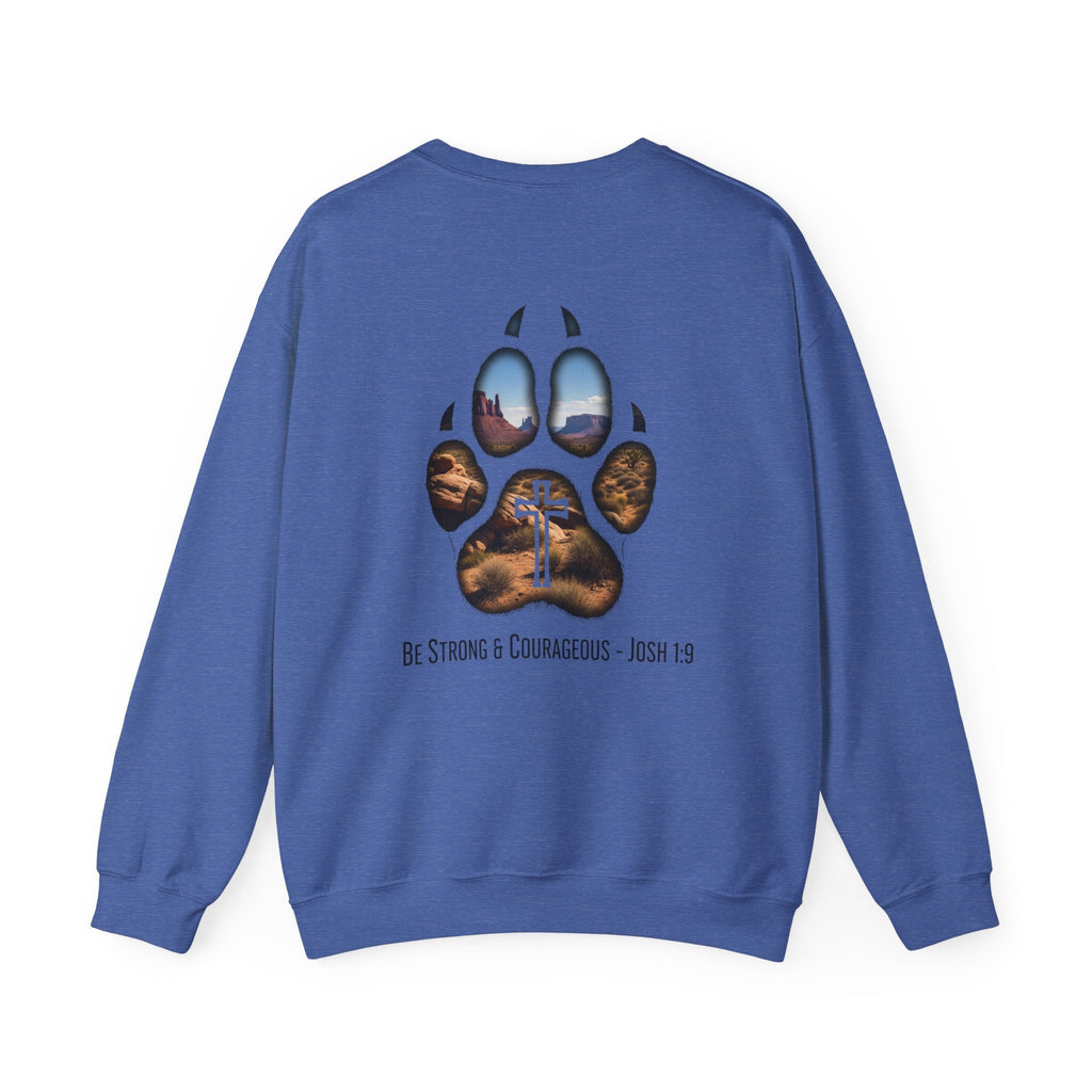 Strong and Courageous Sweatshirt – Joshua 1:9 Canine Pawprint Desert Christian Sweatshirt for Dog Lovers Printify
