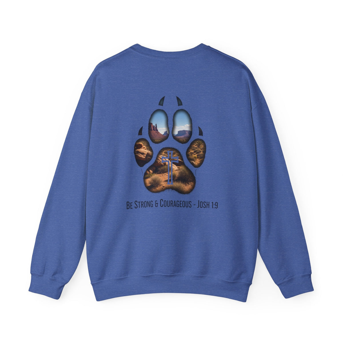 Strong and Courageous Sweatshirt – Joshua 1:9 Canine Pawprint Desert Christian Sweatshirt for Dog Lovers Printify