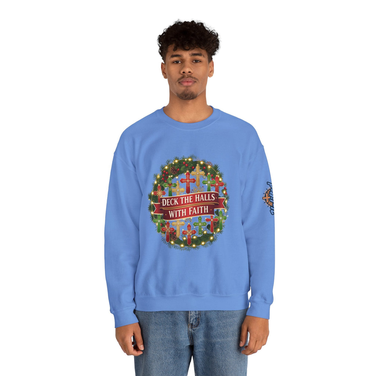 🎄 Deck the Halls with Faith – Christian Christmas Sweatshirt | Cross Ornament Design & Festive Garland | Bold Holiday Faith Tee by Uplifted Gear Printify